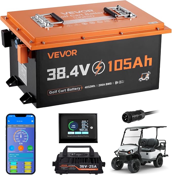VEVOR 36V (38.4V) 105AH Lithium Golf Cart Battery, with 25A Charger, Lifepo4 Battery Kit, Built-in 200A BMS, with Bluetooth & Touch Monitor, 4000 Cycles, Metal Case, for Golf Carts, Trolling Motors