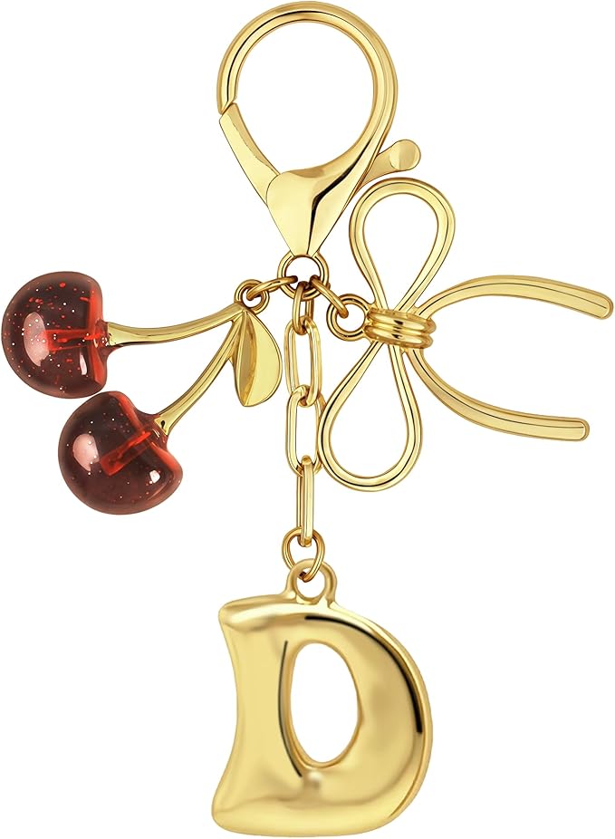 Gold Bubble Heart, Cherry, Bow & More Designs Letter Initial Keychain Bag Charms – Cute Purse Charms for Handbags