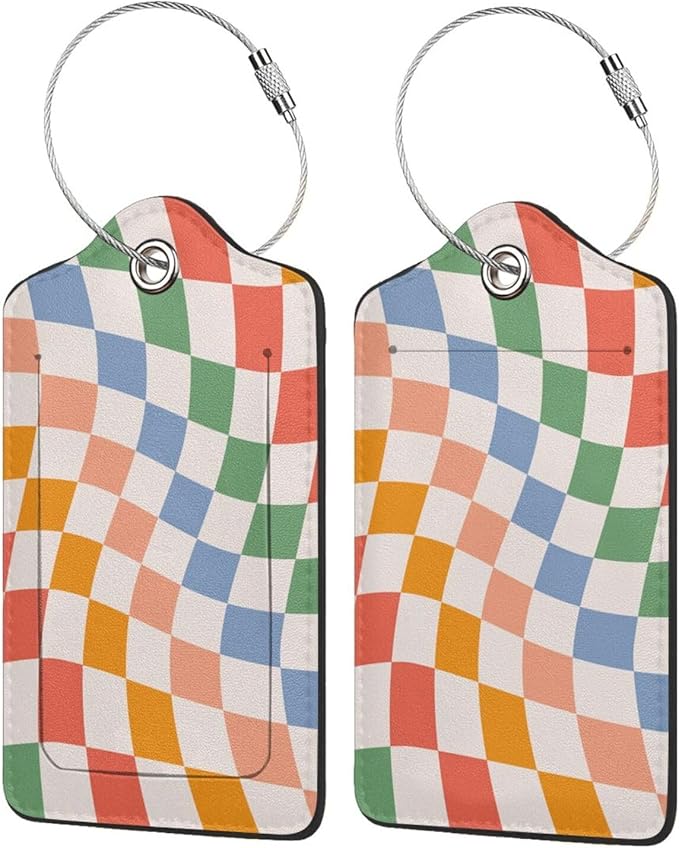 TSA Approved Luggage Tags for Suitcases 2 Pack Colorful Retro Wavy Funny Leather Carnival Cruise Airport Cute Travel Name Tags Golf Bag tag Ships Essentials Privacy Cover ID Label for Women Men