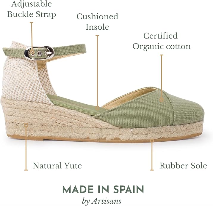 Girona Authentic Spanish Espadrille Wedge Sandals for Women - Sustainable, Eco Friendly, Vegan Shoes. Classic Style, Organic Cotton Canvas Upper, Comfy Insole, Jute Midsole, Rubber Sole. Made in Spain