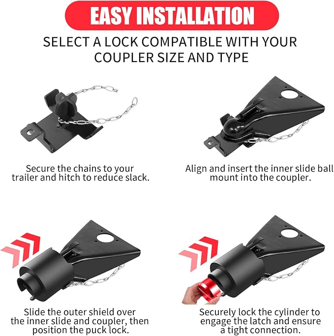 2-5/16" Heavy Duty Trailer Hitch Lock - Ball Coupler&Safety Chains Anti-Theft,Travel RV/Pop-Up Camper/Boat/Truck/Motorcycle/ATV/UTV/Flatbed/Cargo/Dump/Utility Trailer Tongue Lock Secure Design