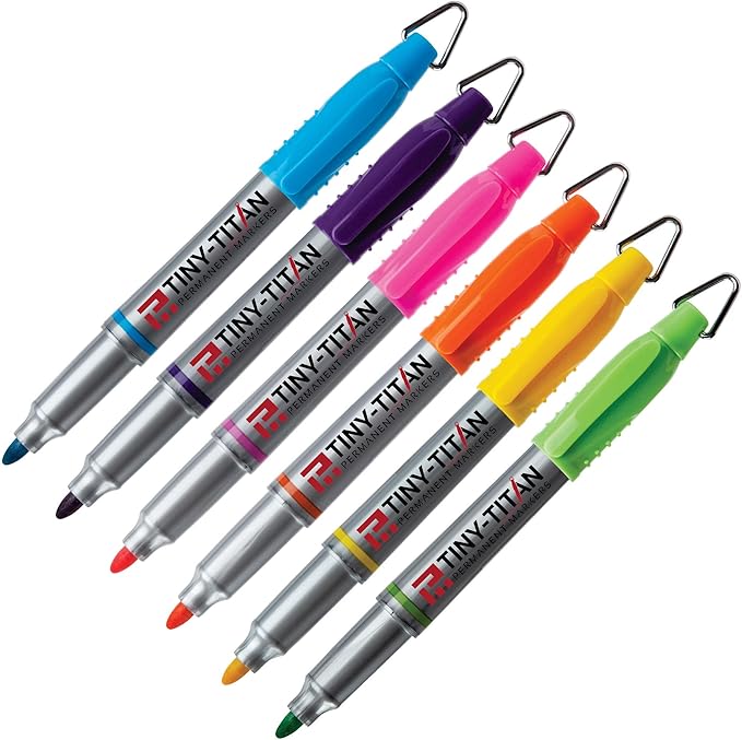 Tiny-Titan 6 Assorted Colors, Mini Markers, Golf Ball Marker, Clip On Nurse's Badge, Keychain Clip - Caribbean Series - Fine Point - Orange, Purple, Pink, Turquoise, Lime Green, Yellow - 6 Pen Pack