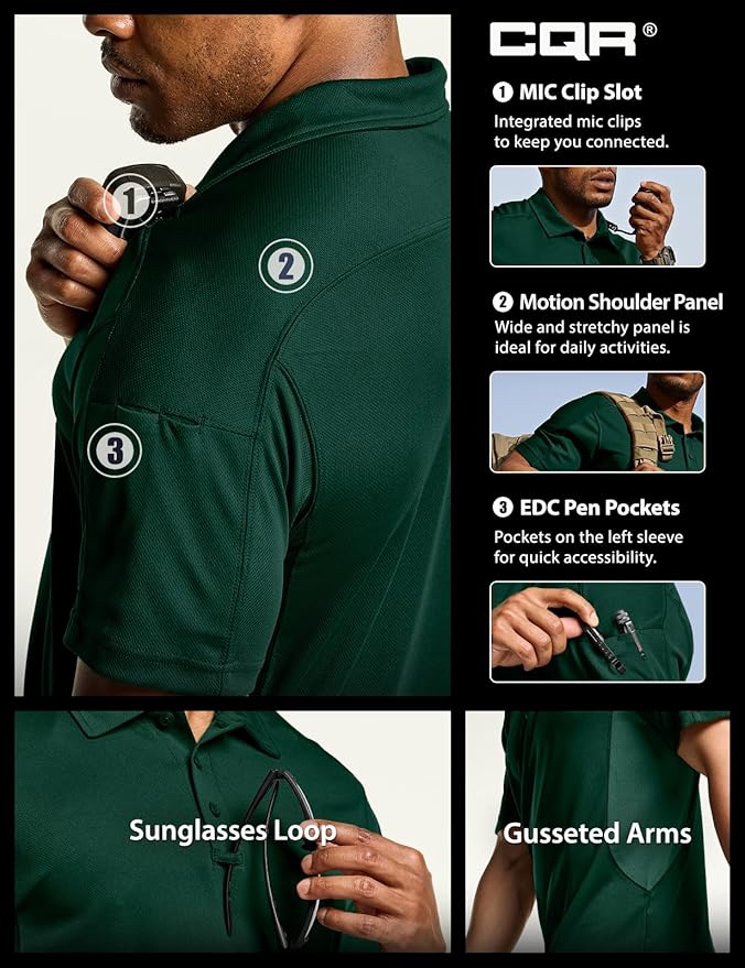 CQR Men's Polo Shirts, Tactical Short Sleeve Golf Performance Shirts, Lightweight Dry Fit UPF 50+ Pique