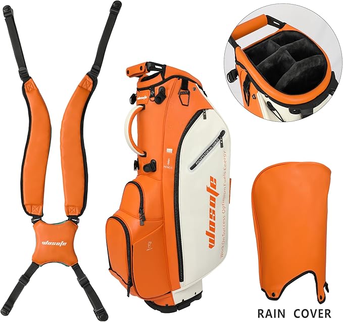 Lightweight 14-Way Golf Stand Bag, PU Leather Golf Bag Waterproof Men Women Full Length Top Dividers, Multiple 8 Pockets Cooler Pouch Adjustable Detachable Shoulder Dual Straps Rain Cover Hood