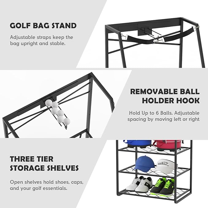 Wall Mount Golf Bag Organizer for Garage, Heavy Duty Golf Storage Rack Holds 2 Bags, Freestanding Golf Bag Stand and Accessories Holder for Home & Shed