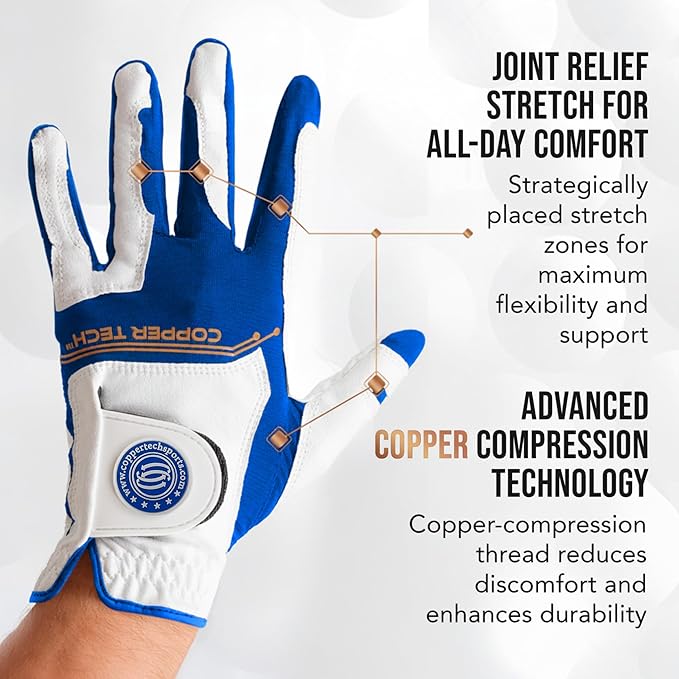 Copper Tech Plus (2 Pack) Golf Gloves Men Right Handed Golfer Or Left Handed Golfer | Copper Compression Joint Support with Flexible & Comfortable Fit | AAA Leather Construction & Tacky Silicone Pad