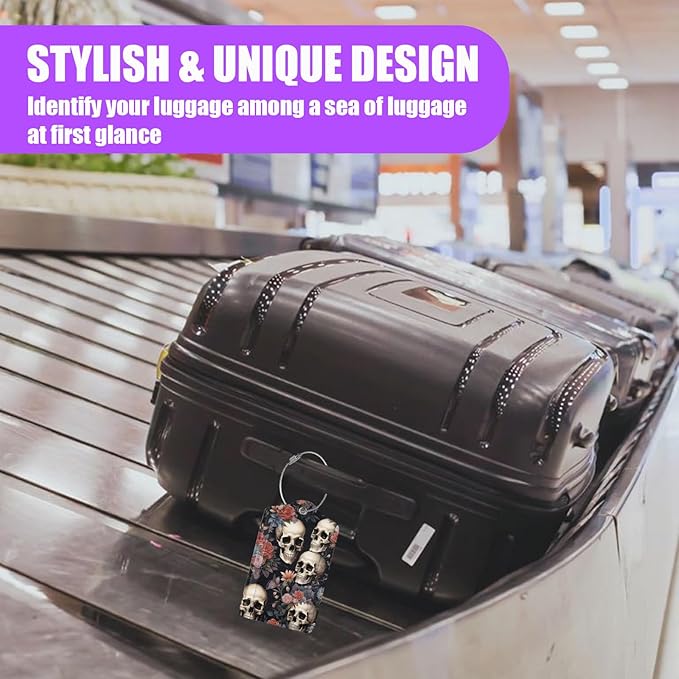 3 Pack Skull Flowers Luggage Tags for Suitcase PU Leather Travel Luggage Tag Privacy Cover ID Label for Women Men Baggage Backpack Handbag School Bag