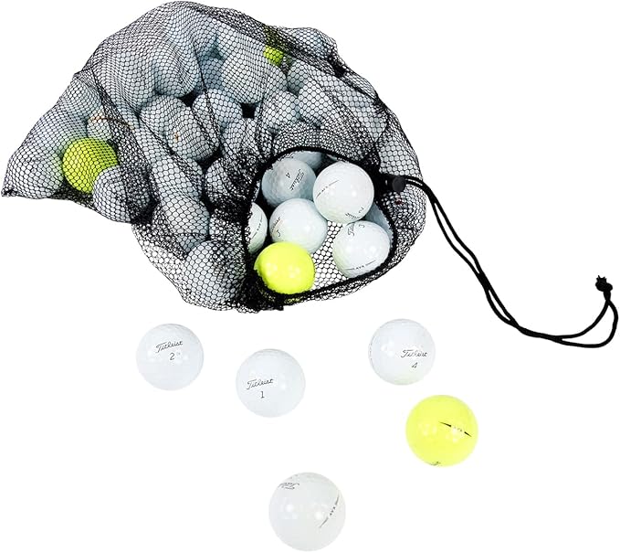 Clean Green Recycled Golf Balls - 48 Pack for Titleist AVX - Used, Bulk with Mesh Bag - White & Yellow