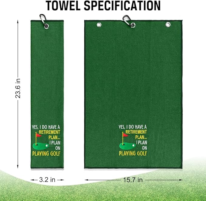 ERHACHAIJIA Yes I'd Have A Retirement Plan Embroidered Golf Towel with Clip. Funny Golf Accessories Gifts for Men Women Golfer Grandma Grandpa Mom Dad, Retirement (Green)