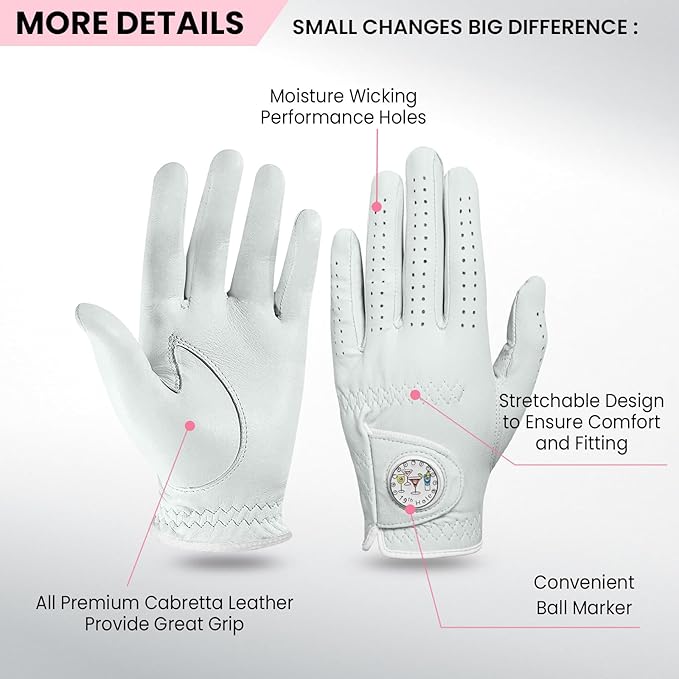 FINGER TEN Golf Gloves Women All Premium Cabretta Leather 1 Pack, Soft Comfortable & Breathable Grip Glove with Ball Marker Left Hand for Right Handed Golfer