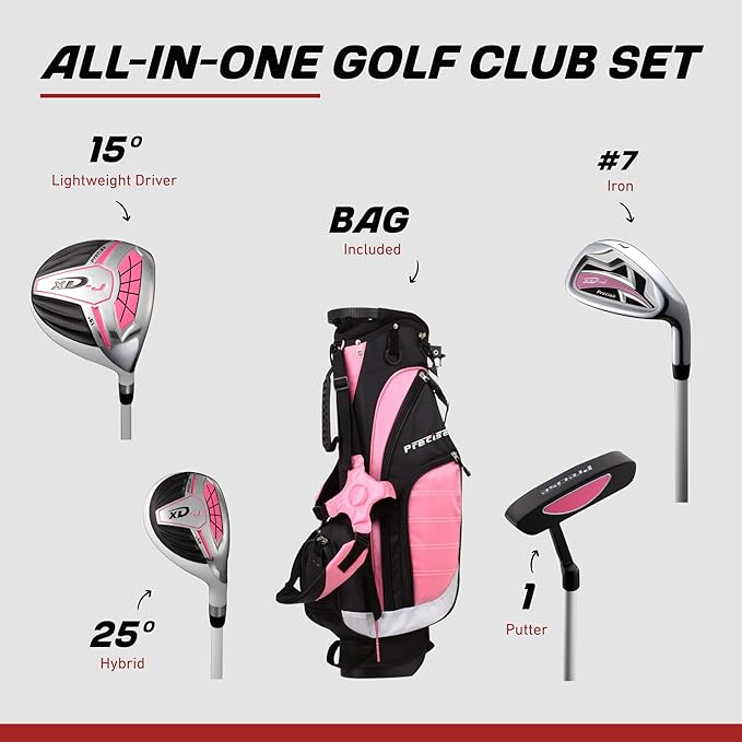 Precise XD-J Kids Golf Clubs Set – Boys’ & Girls’ Junior Golf Set with Lightweight Graphite Shafts, Hybrid, Putter & Stand Bag