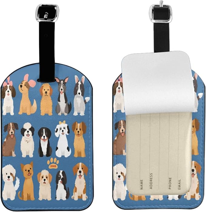 Cute Dogs Luggage Tag for Suitcases,Colorful Pug Doggy Puppy Blue PU Leather Baggage Tags Bag Tags Travel Id Label for Luggage Women Men -1 Piece