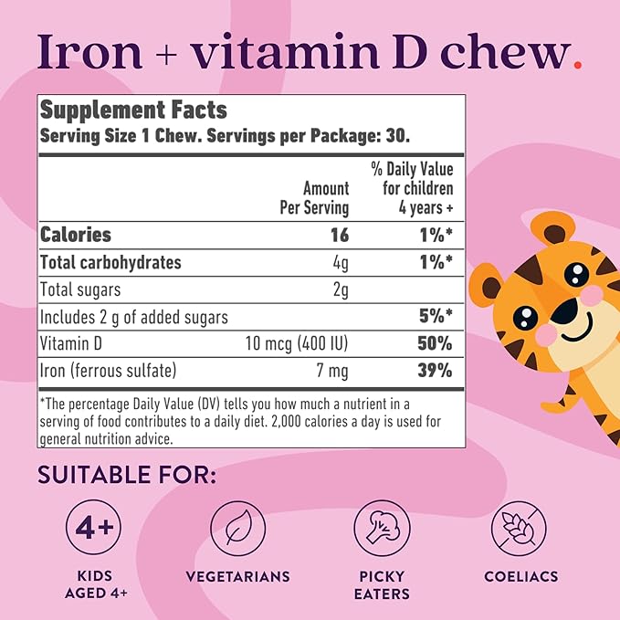 Active Iron Supplement 7mg + Vitamin D for Kids – Increases Iron & Energy Levels – Gentle, Non-Constipating Blackcurrant Chews – Highly Absorbed – Supports Growth & Immune Health – 30 Chews