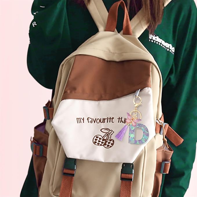 Suweibuke Colourful Cute Initial Letter Keychains for Women Girls with Tassel Butterfly, Charm for Purse Handbags Backpacks