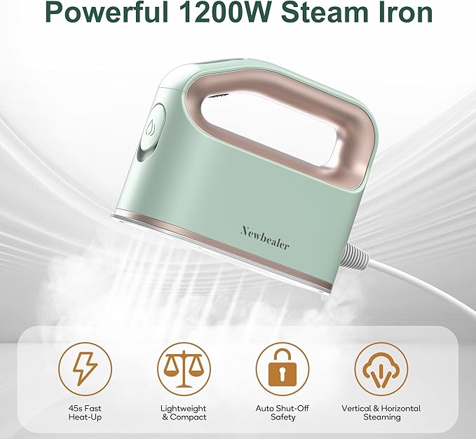 Newbealer Smart Steam Iron for Clothes - 1200W Professional-Grade Turbocharged 3 Steam & 3 Dry Heat Modes, 45s Heat-Up, 6oz Tank, Auto-Off, Nonstick Ceramic Soleplate (120V Only)