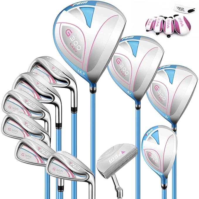 PGM 17 Pcs Women's Golf Club Set with Graphite Shaft for Right Handed Includes 4 Titanium Woods(#1,3,5,4H), 6 Irons(#6,7,8,9,PW,SW), and Putter, Random Golf Stand Bag and Headcover