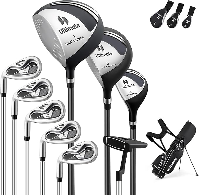 ULTIMATE Left Handed Golf Clubs for Men, 10pcs Men's Complete Golf Club Set Includes 460cc #1 Driver, #3 Fairway Wood, #4 Hybrid, #6/#7/#8/#9/#P Irons, Putter