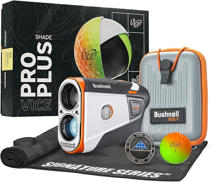 Bushnell Golf Tour V6 Shift Laser Rangefinder with Vice Balls | Slope Compensation, PinSeeker, Magnetic Mount, 1300 YD Range, 6X Magnification | Signature Series Golf Towel