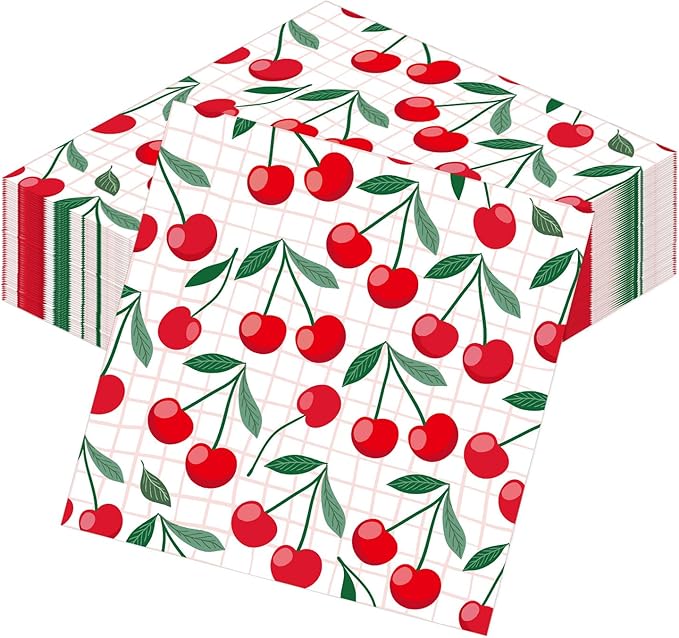Cherry Party Napkins Decorations, 50PCS Cherry Themed Birthday Napkins Supplies, Disposable Coquete Decor for Wedding Baby Shower Party Table Size 6.5 Inch