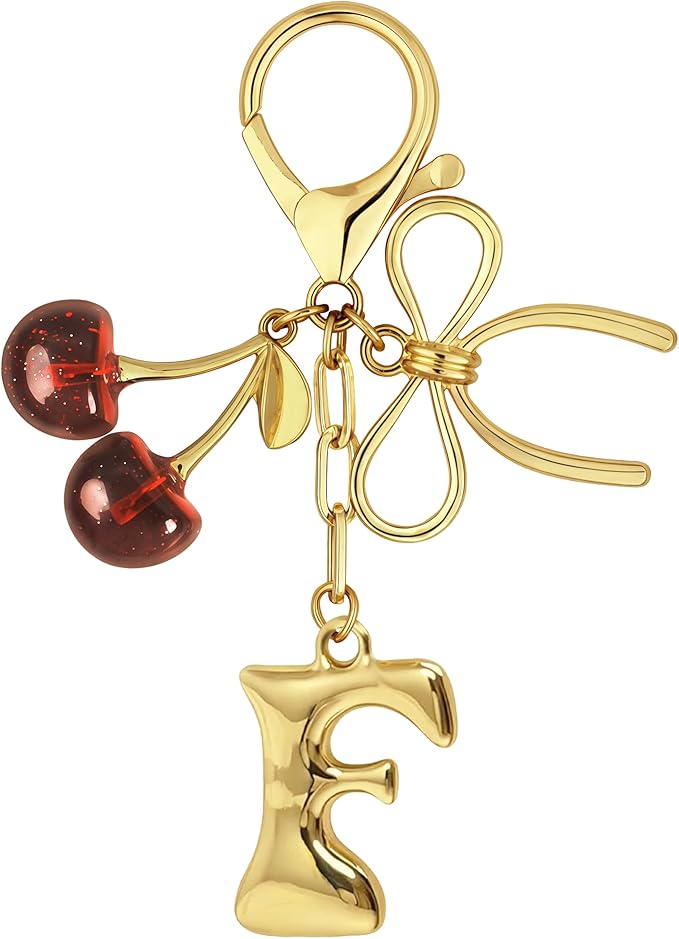 Gold Bubble Heart, Cherry, Bow & More Designs Letter Initial Keychain Bag Charms – Cute Purse Charms for Handbags