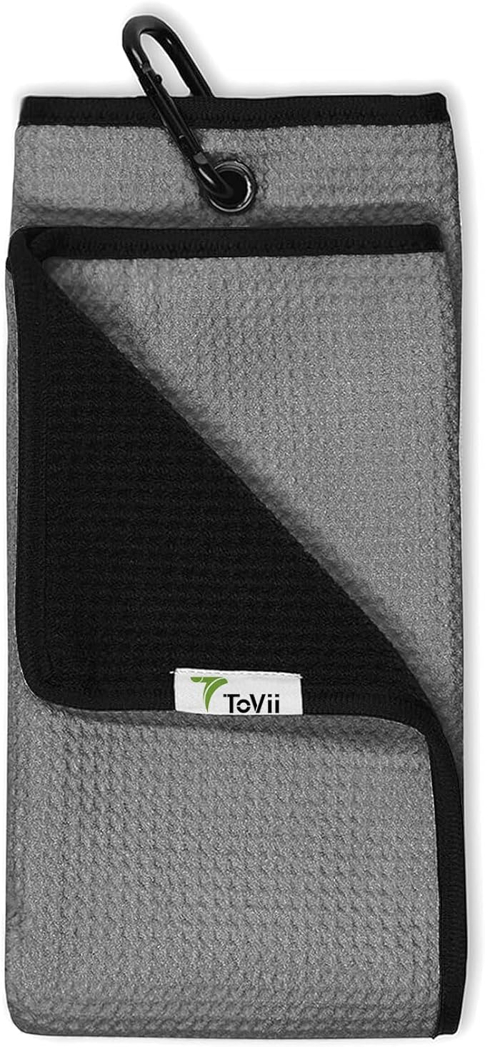 ToVii 2 in 1 Golf Towel, Wet and Dry Tri-fold Microfiber Towel for Cleaning Club and Ball with Clip and Waterproof Inner Barrier