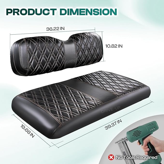 Drive-up Black Golf Cart PVC Seat Covers, EZGO TXT Leather Front Seat Covers with Brown Stitching, Diamond Cross Pattern, Adjustable Buckle