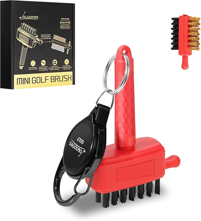 Mini Golf Brush with Nylon/Brass Bristles and Retractable Keychain - Pocket Brush Leave No Trace Clean Dual-Sided Brushes Easy to Carry(Red) Essentials Golf Accessories