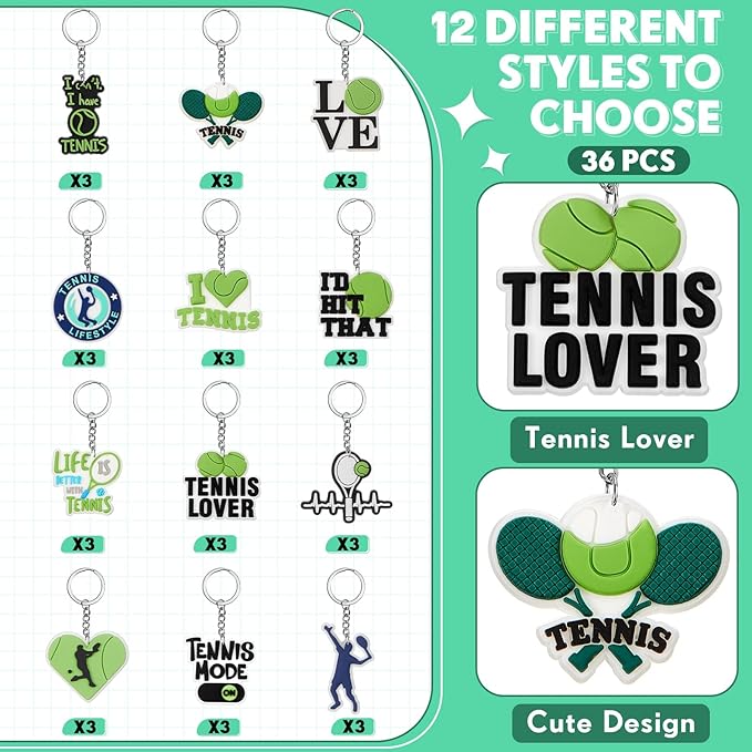 Batiyeer 36 Pack Tennis Keychains Bulk Party Favors Sports Ball Key Chains Funny Keyring Gifts for Women Men Birthday Supplies