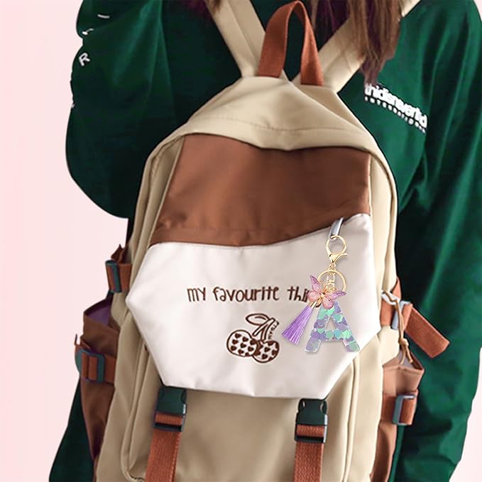 Suweibuke Colourful Cute Initial Letter Keychains for Women Girls with Tassel Butterfly, Charm for Purse Handbags Backpacks