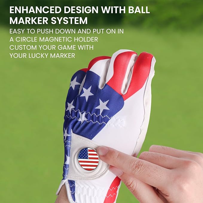 FINGER TEN Golf Gloves Men Right Handed Golfer Left Hand with Ball Marker 2 Pack Leather Breathable Comfortable Weathersof Grip Size Small Medium ML Large XL