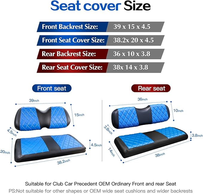 NOKINS 4PCS Golf Cart Diamond Seat Covers Kit,Front and Rear Seat Covers Fits for EZGO/Club Car/Yamaha Original Regular Seat Cushion, No Stapler