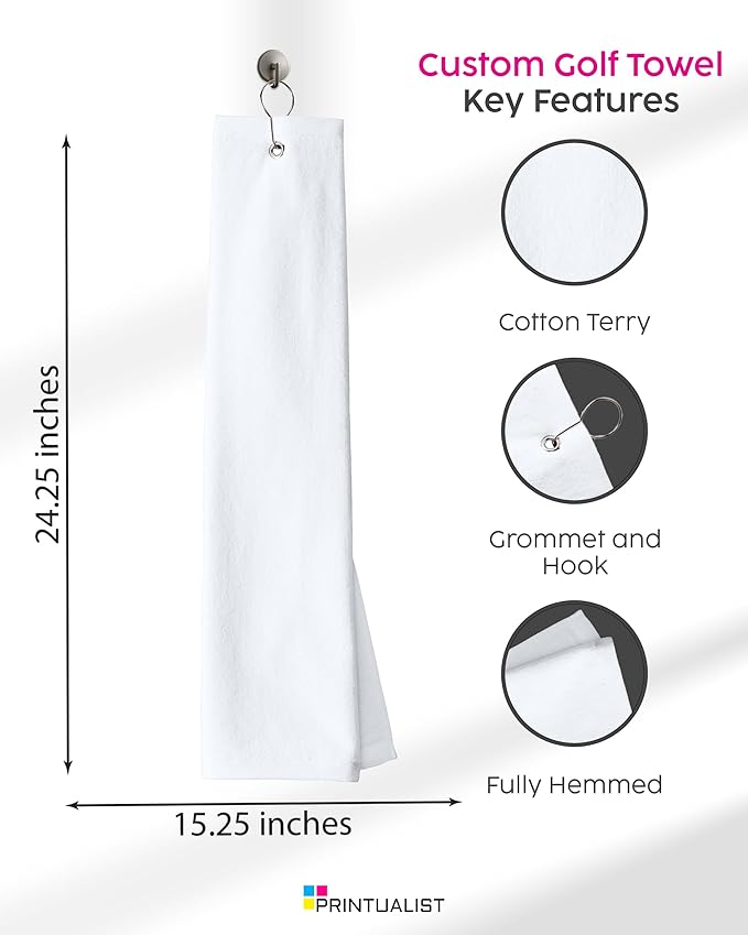 Custom Golf Towel for Golf Bags, Balls - Add Your Embroidered Name - Personalized Trifold Golf Bag Towels with Clip, for Men and Women