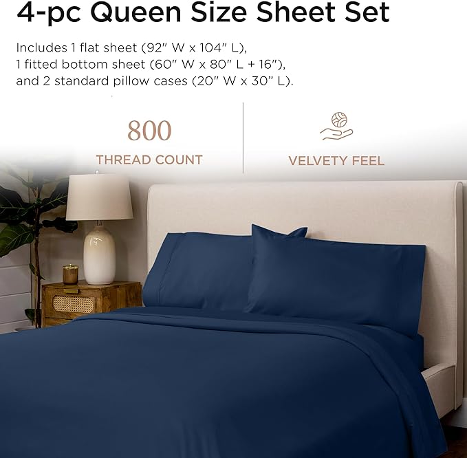 Threadmill Luxury 800 Thread Count Queen 100% Cotton Sheets - Folkstone Blue Sateen Weave Bed-Sheets, Better Than Egyptian Cotton,4 Pc Solid Soft Bed Set, Fits 16" Deep Pocket
