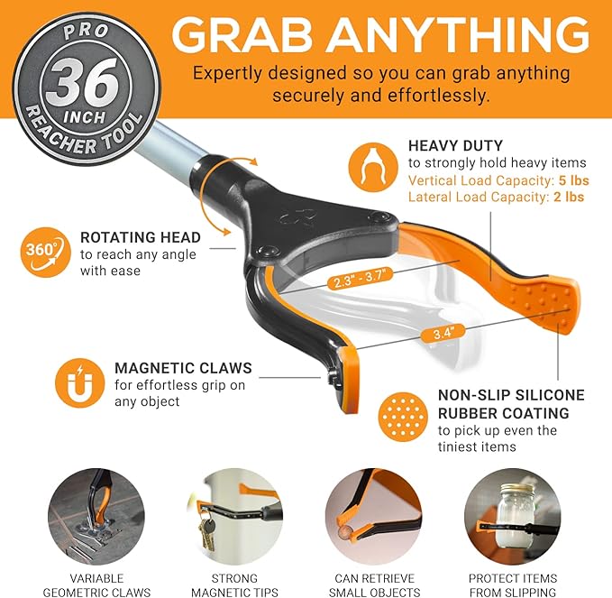 EZPIK® Grip Aid Tool Grabber Reacher + Magnets - Grabbers for Seniors, Trash Picker Upper Grabber - Trash Grabber Tool- Reacher Grabber Pickup Tool (Silver, 36″ (Pack of 2))