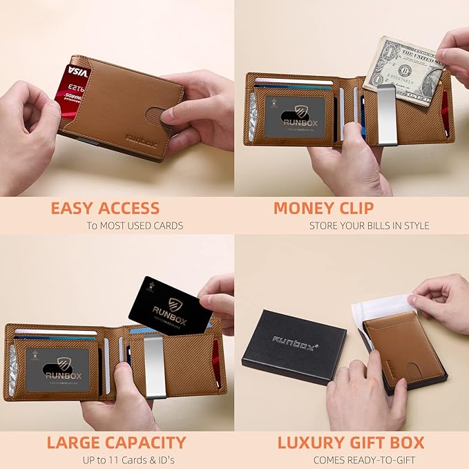 RUNBOX Money Clip Wallets for Men,Slim Leather Mens Bifold Wallet,RFID Blocking Front Pocket Wallet,Thin Credit Card Holder with Gift Box