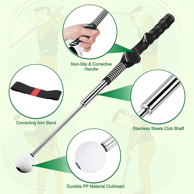 welspo Retractable Golf Swing Trainer Aid with Arm Band, Rhythm Click Sound, Warm-Up and Grip Trainer, Right-Handed Golf Club for Improve Chipping and Hitting Strength