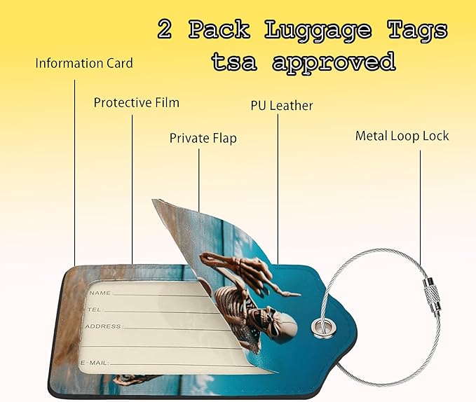 TSA Approved Luggage Tags Skeleton Beach Skull for Suitcases 2 Pack Funny Leather Carnival Cruise Airport Cute Travel Name Tags Golf Bag tag Ships Essentials Privacy Cover ID Label for Women Men