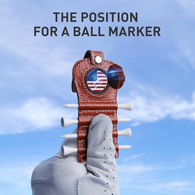 Golf Tee Holder with USA Ball Marker 4 Pcs White Wood Tees, Portable Hold Different Tee Leather Gift Hook Hanging Clip to Golf Bag Belt