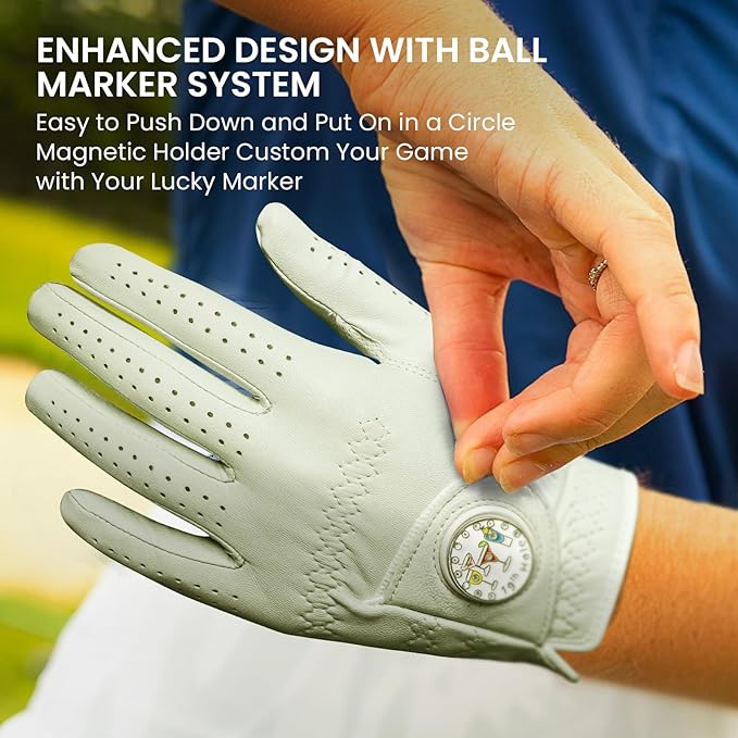 FINGER TEN Golf Gloves Women All Premium Cabretta Leather 1 Pack, Soft Comfortable & Breathable Grip Glove with Ball Marker Left Hand for Right Handed Golfer