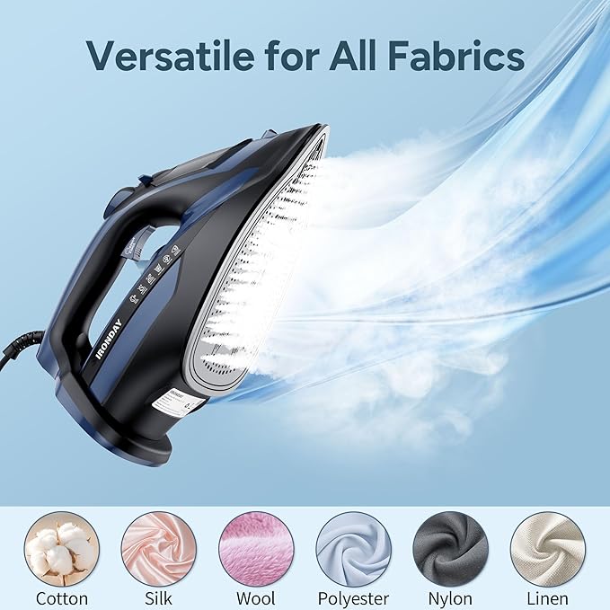 Steam Iron for Clothes 20s Fast Heating, 1700W Iron with 15.21oz Large Water Tank, 3-Way Auto shutoff, Burst Steam, Spray Mist, Anti-Drip, Self-Cleaning, Vertical Ironing for Home, Blue