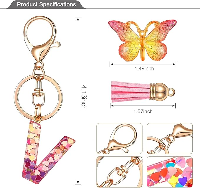 JINGUAZI Initial letter Keychains for Women Tassel Butterfly Pink Purple Cute Car Keychain for Wallet Backpack bag charm