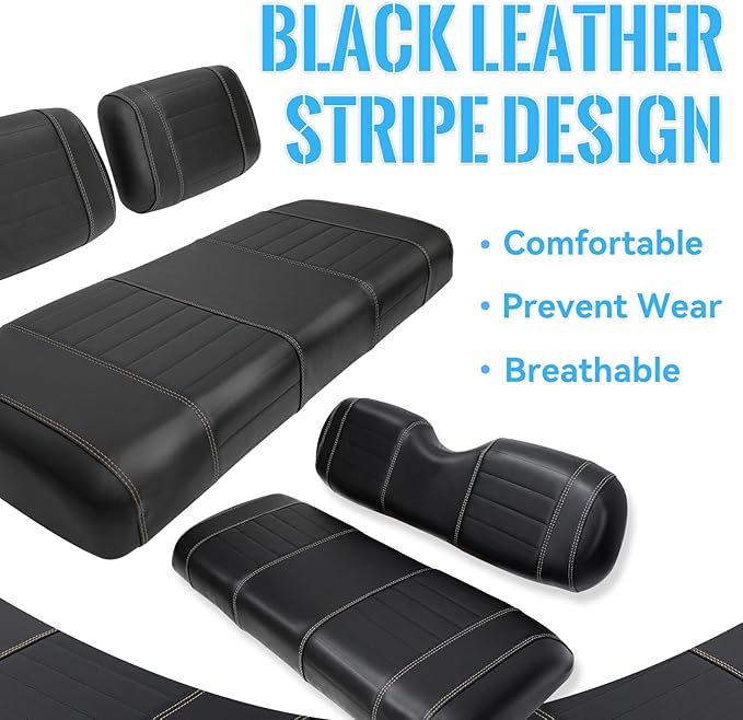 Golf Cart Seat Covers fits Club Car Precedent/DS/EZGO RXV/TXT/Yamaha Front Rear Seat Cushion，Black Leather Custom Stripe Soft Comfortable/Anti-Scratch/Easy to Clean