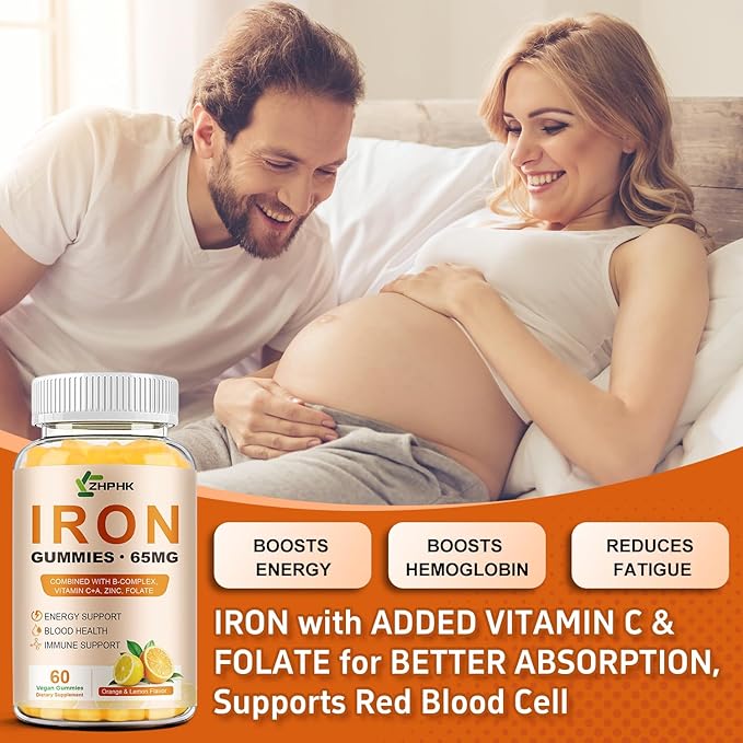 Iron Gummies Vitamin Supplement 65mg & Vitamin C 250mg per Serving with B6 B12 Folate- Energy Support for Iron Deficiency, Anemia, Vegan Orange & Lemon Flavor, 120 Count
