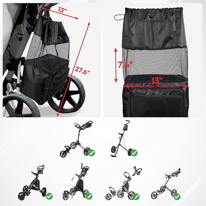 T TGBROS Universal Golf Cart Storage Organizer – Overhead Mesh Bag, Front Basket with Cup Holders & Push Cart Zippered Pouch Fits Club Car, EZGO, Yamaha, Kandi, Push Carts Large Capacity