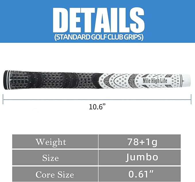 Mile High Life Golf Grips 13 Pack / 3 Pack - All-Weather Soft Rubber Golf Club Grips - High Shock Absorption, Enhanced Traction - Standard, Midsize & Jumbo Size (Core 0.58"-0.61")