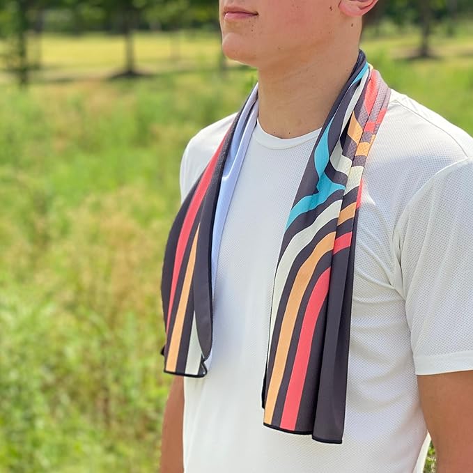 SHAKEitCOOL Extended Size Cooling Towel – Be Cool in Style - Heat Relief, Soft, Lightweight, Sun Protection, Easy Clean - Perfect for Biking, Hiking, Running, Yoga, Golf, Gardening - Retro Wave M