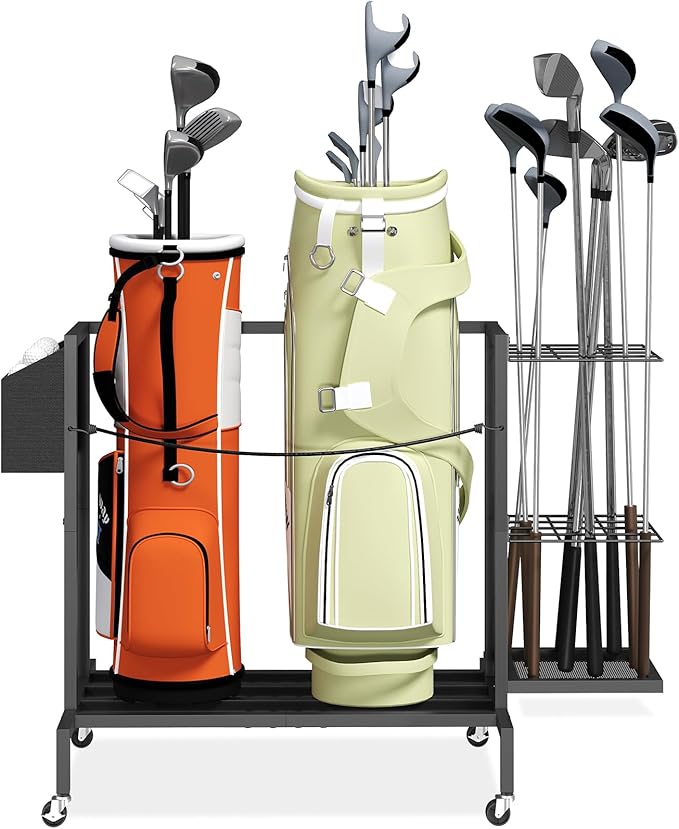 Golf Bag Organizer for Garage, Golf Bag Storage Stand Fits 2 Golf Bags, Freestanding Golf Club Holder for Garage, Shed, Home, Basement, Other Golfing Equipment Accessories, Black BEBK17501