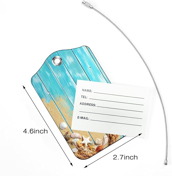 2 Pack Luggage Tags for Suitcase,Seashells on Wood PU Leather Luggage Tags with Privacy Cover Name Address Labels and Steel Ring,Creative Travel Accessories for Men and Women