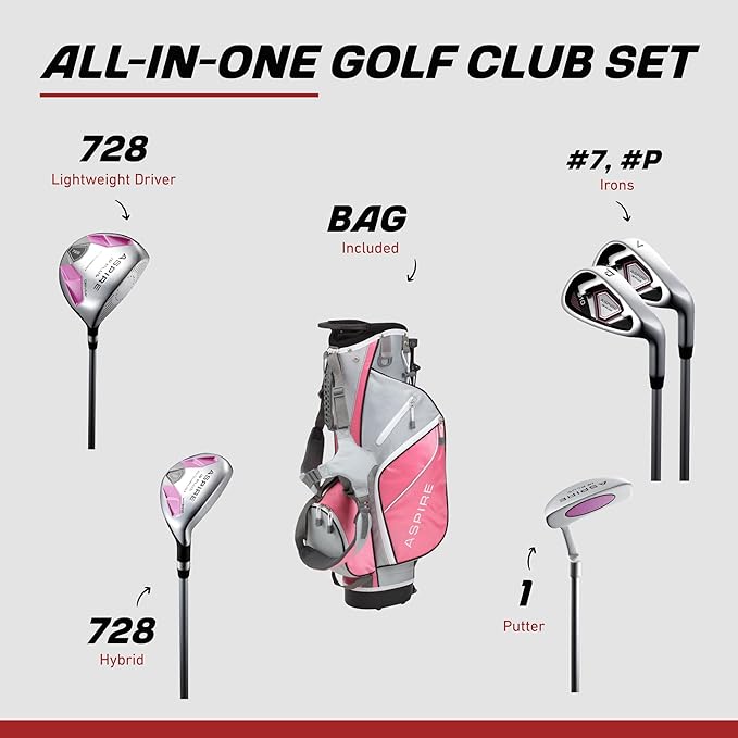 Aspire Junior Plus Kids Golf Clubs – Boys’ & Girls’ Right-Handed Golf Set with Lightweight Stand Bag, Graphite Shafts & Aircraft-Grade Aluminum Clubs