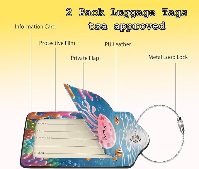 2 Pack Luggage Tag for Suitcase Cute Jellyfish Leather Travel Cruise Luggage Tag with Stainless Steel Loop Name ID Label Privacy Cover for Adults Teens Travel Bag Labels Set